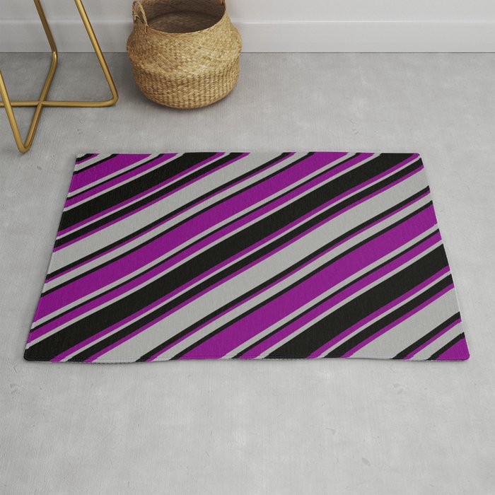 Purple, Dark Gray & Black Colored Striped/Lined Pattern Rug