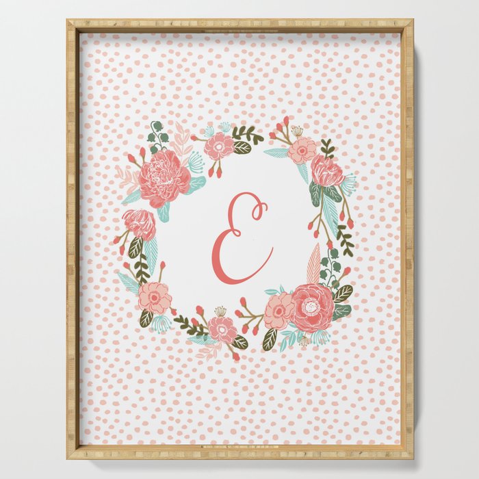 Monogram E - cute girls coral florals flower wreath, coral florals, baby girl, baby blanket Serving Tray