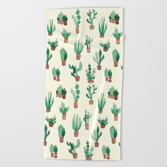 litle watercolor pocket cactus Beach Towel