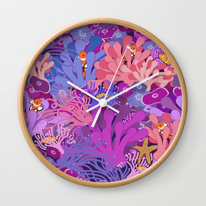 Block Party on the Reef - Clownfish Anemone Marine Sea Life Coral Wall Clock