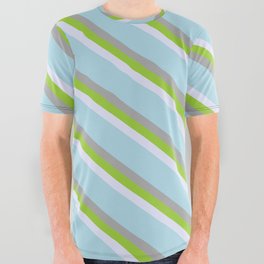 [ Thumbnail: Lavender, Light Blue, Dark Gray & Green Colored Striped/Lined Pattern All Over Graphic Tee ]