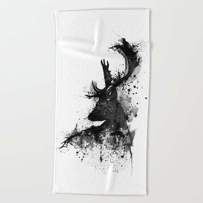 Deer Head Watercolor Silhouette - Black and White Beach Towel