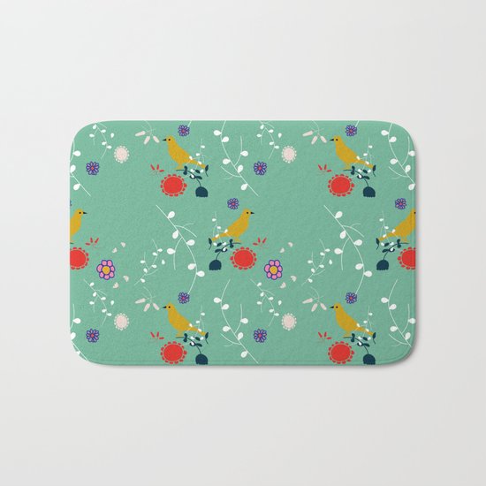 Bird and blossom green Bath Mat