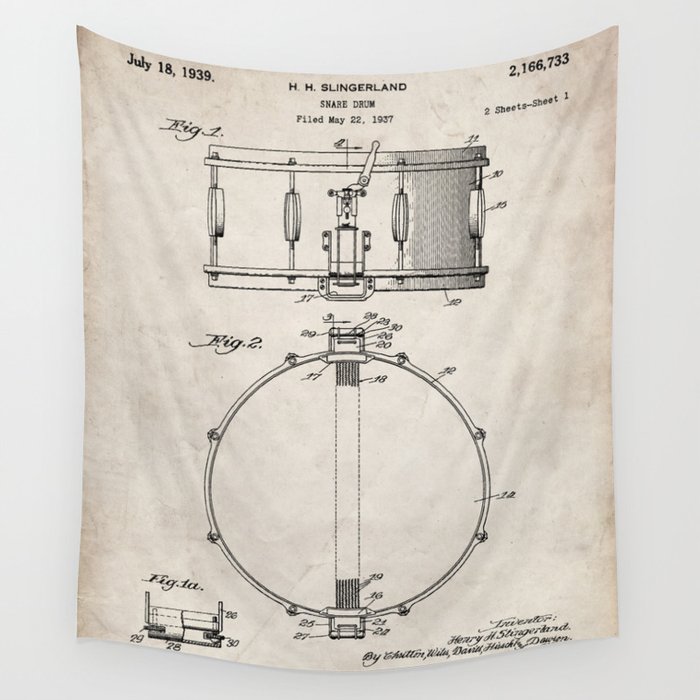 Snare Drum Patent - Drummer Art - Antique Wall Tapestry