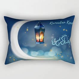 Ramadan Kareem greetings with white crescent, lantern on a shimery blue backgroundr Muslim Holidays and Ramadan with moon, gold stars and lantern. Rectangular Pillow