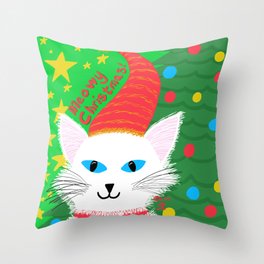 Christmas Cat Long white hair blue eyes Throw Pillow