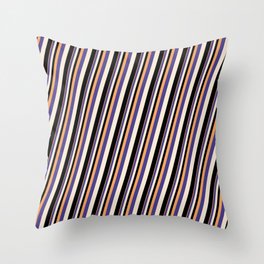 [ Thumbnail: Brown, Dark Slate Blue, Beige & Black Colored Striped Pattern Throw Pillow ]