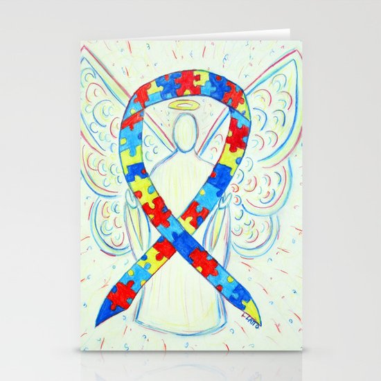 Autism Puzzle Piece Awareness Ribbon Angel Art Painting Stationery Cards By Awarenessgallery Society6
