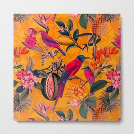 Vintage And Shabby Chic - Colorful Summer Botanical Jungle Garden Metal Print | Tropical, Birds, Animal, Botanical, Yellowandpink, Flower, Summer, Bird, Garden, Exotic 