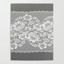 White color straight strip of lace fabric on gray background. Elastic silk nylon braid border. Poster