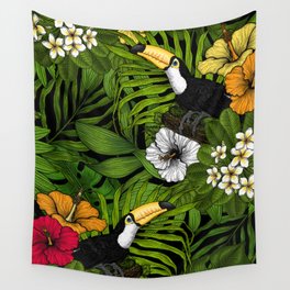 Toucans and tropical flora, green, yellow, red and orange Wall Tapestry