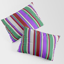 [ Thumbnail: Purple, Maroon, Light Gray, and Sea Green Colored Stripes Pattern Pillow Sham ]