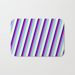 [ Thumbnail: Blue, Deep Pink, Sky Blue, and Light Yellow Colored Stripes/Lines Pattern Bath Mat ]