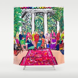 This is not a Party: Brightly colored painting of a group of people in a gigantic greenhouse with rugs and rainbow clothing Shower Curtain