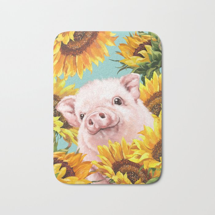 Baby Pig with Sunflowers in Blue Bath Mat
