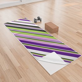 [ Thumbnail: Green, Plum, Indigo, White & Black Colored Lines/Stripes Pattern Yoga Towel ]
