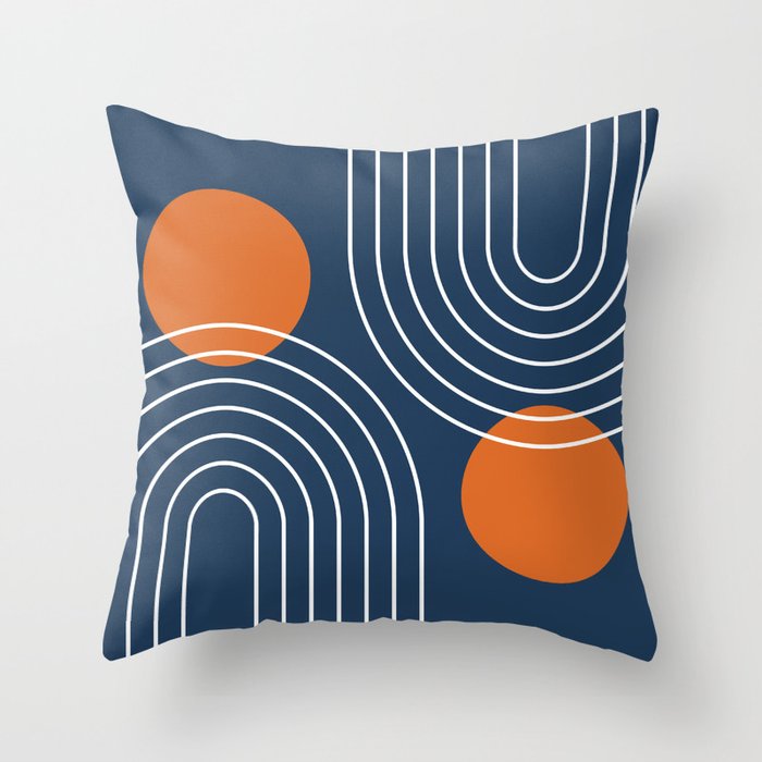 Mid Century Modern Geometric 83 in Navy Blue and Orange (Rainbow and Sun Abstraction) Throw Pillow