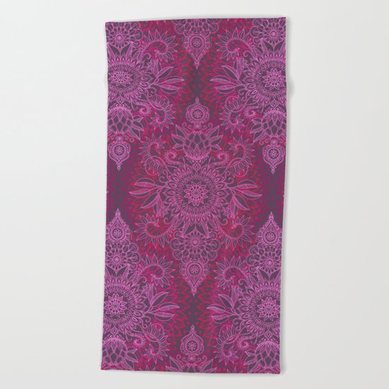 Magenta, Pink & Coral Protea Doodle Pattern Beach Towel