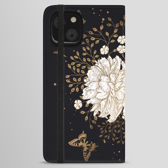 Hand drawn vintage bouquet flower on dark background illustration iPhone Wallet Case
