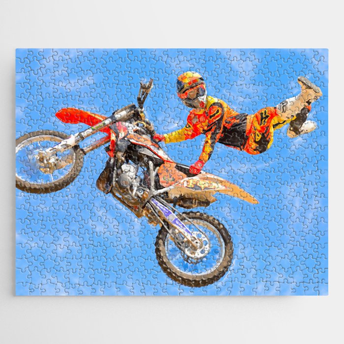 Freestyle motorcycling hand painted in watercolor. Jigsaw Puzzle