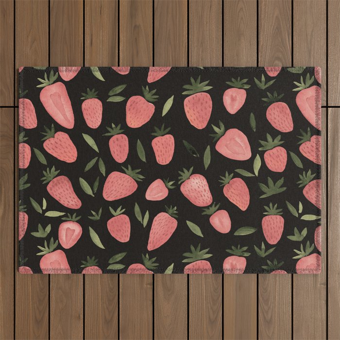 Watercolor strawberries pattern - dusty pink and olive on dark background Outdoor Rug