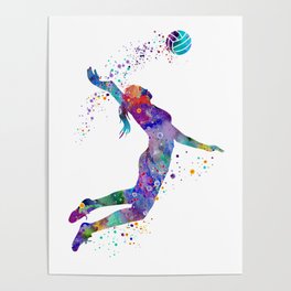 Volleyball Girl Colorful Blue Purple Watercolor Artwork Poster