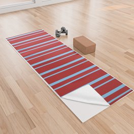 [ Thumbnail: Red & Light Sky Blue Colored Striped/Lined Pattern Yoga Towel ]