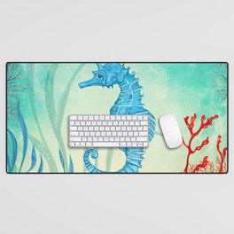 Blue watercolor seahorse Desk Mat