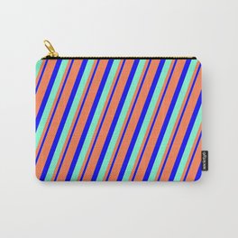 [ Thumbnail: Coral, Blue & Aquamarine Colored Striped/Lined Pattern Carry-All Pouch ]