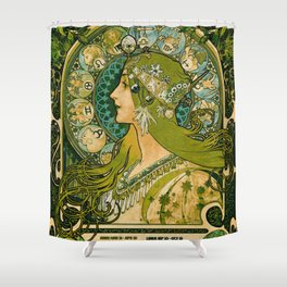 Emerald Green Vintage Astrology Poster | Alphonse Mucha Shower Curtain