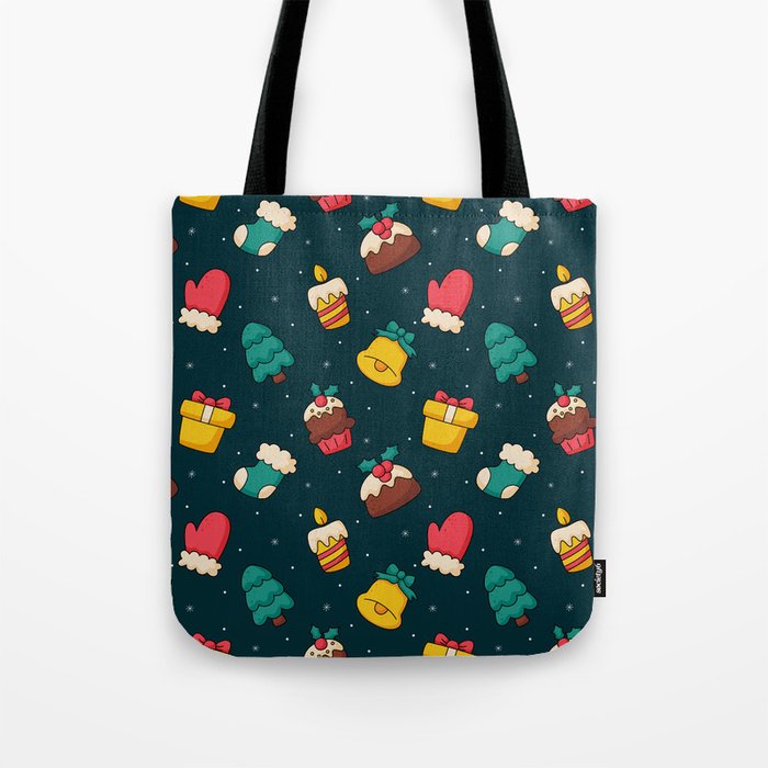 Cute Christmas Doodle Seamless Pattern on Blue Background Tote Bag