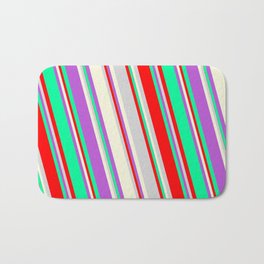 [ Thumbnail: Colorful Orchid, Green, Red, Light Gray, and Beige Colored Striped/Lined Pattern Bath Mat ]