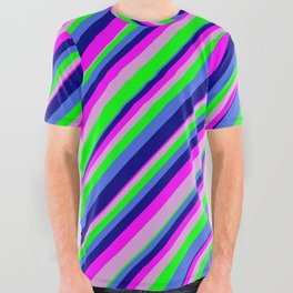 [ Thumbnail: Eyecatching Royal Blue, Blue, Fuchsia, Plum, and Lime Colored Lined/Striped Pattern All Over Graphic Tee ]