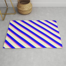 [ Thumbnail: Hot Pink, Light Yellow, Blue, and Purple Colored Lined Pattern Rug ]
