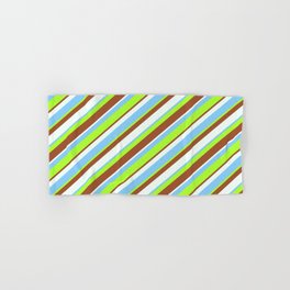[ Thumbnail: Light Green, Sienna, Mint Cream & Light Sky Blue Colored Striped/Lined Pattern Hand & Bath Towel ]