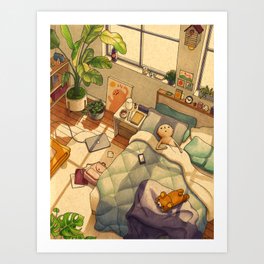 Afternoon Nap Kunstdrucke | Sun, Cozy, Bed, Interior, Light, Curated, Drawing, Apartment, Ink Pen, Illustration 
