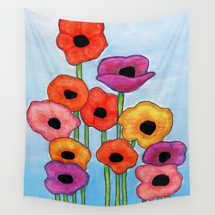 Colorful Poppies on Blue Wall Tapestry