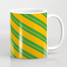 [ Thumbnail: Forest Green and Orange Colored Pattern of Stripes Coffee Mug ]