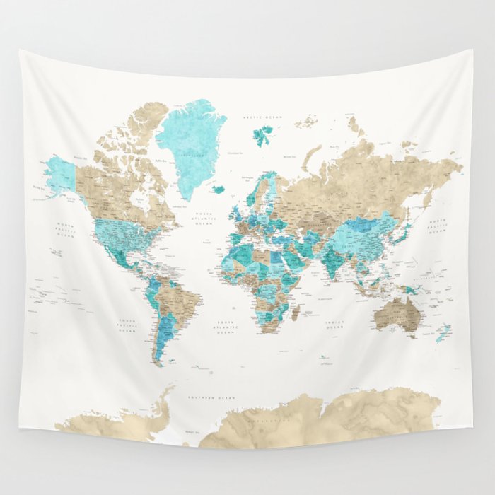 Watercolor world map with cities, aquamarine, cream, brown Wall ...