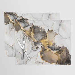 Luxury abstract fluid art painting in alcohol ink technique, mixture of black, gray and gold paints. Imitation of marble stone cut, glowing golden veins. Tender and dreamy design.  Placemat