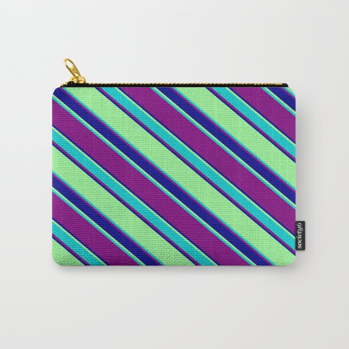 Green, Dark Turquoise, Purple, and Dark Blue Colored Striped Pattern Carry-All Pouch
