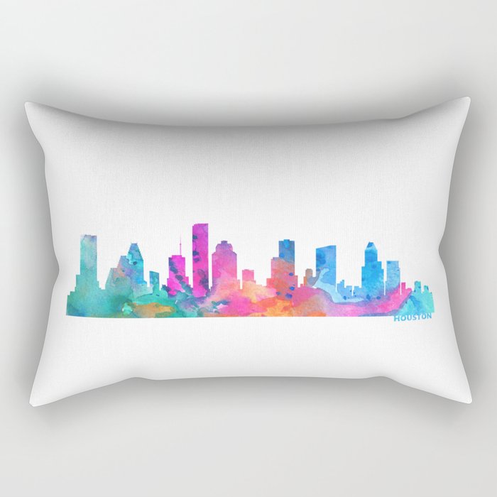 Houston Skyline Watercolor Blue Orange Pink Purple Green Cityscape Houston Texas US City Skyline Rectangular Pillow