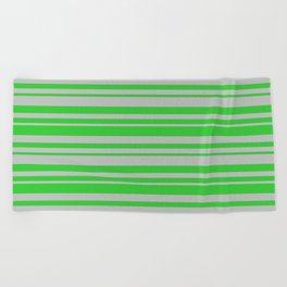 [ Thumbnail: Lime Green & Grey Colored Lined/Striped Pattern Beach Towel ]