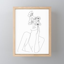 Minimal Line Art Woman with Flowers Framed Mini Art Print