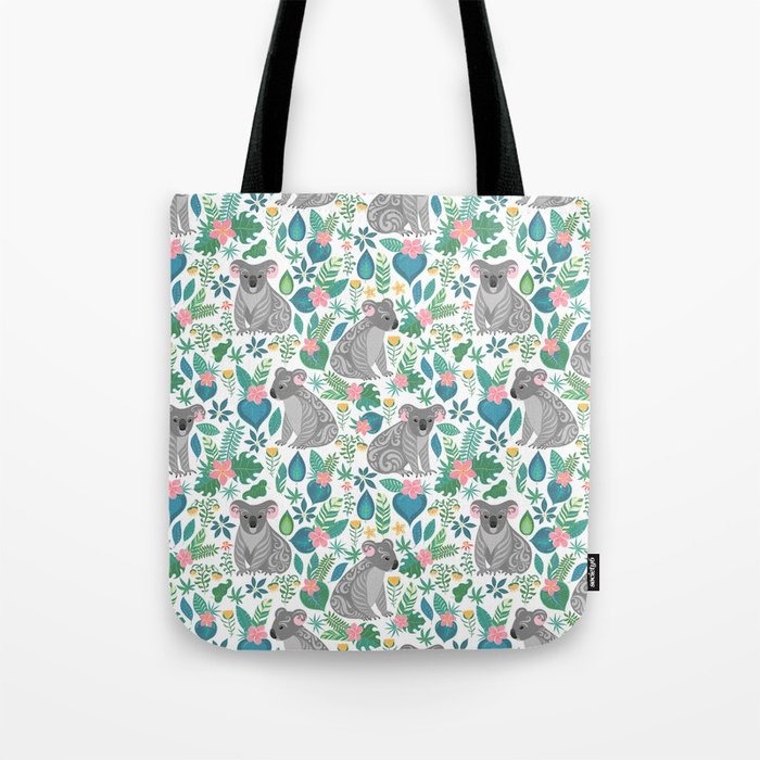 Cute gray koalas with ornaments, tropical flowers and leaves. Seamless ...