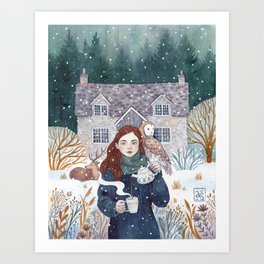Teatime Art Print | Pines, Girl, Fairytale, Snowflakes, Animal, Cozy, Snow, Traditional, Magic, Curated 