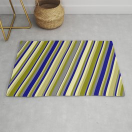 [ Thumbnail: Colorful Pale Goldenrod, Dark Khaki, Green, Grey & Blue Colored Lines/Stripes Pattern Rug ]