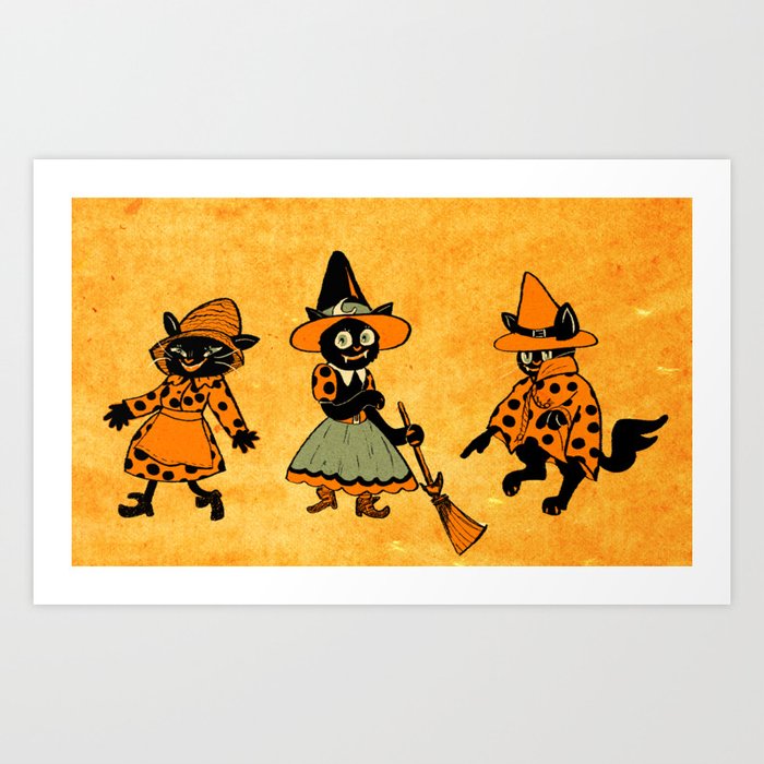 Vintage Halloween Cat Witches Art Print by hillopurkki