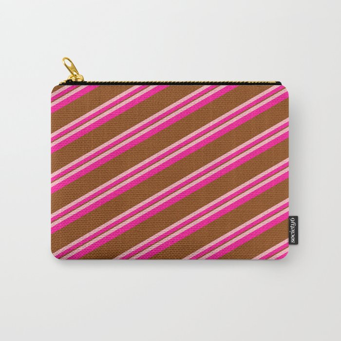 Light Pink, Deep Pink & Brown Colored Lined/Striped Pattern Carry-All Pouch