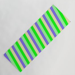 [ Thumbnail: Lime, Pale Goldenrod, Medium Slate Blue, and Green Colored Lined/Striped Pattern Yoga Mat ]
